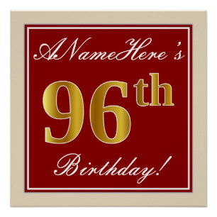 Elegant, Red, Faux Gold 96th Birthday; Custom Name Poster