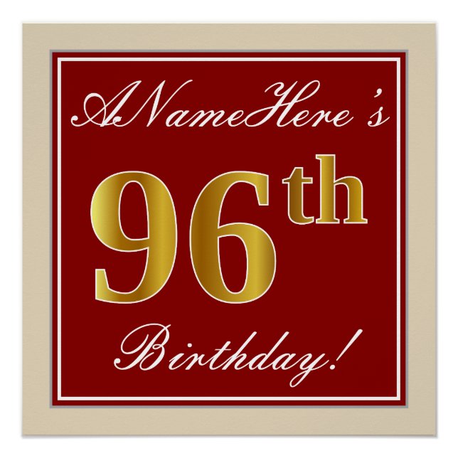 Elegant, Red, Faux Gold 96th Birthday; Custom Name Poster (Front)