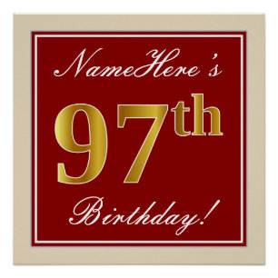Elegant, Red, Faux Gold 97th Birthday; Custom Name Poster