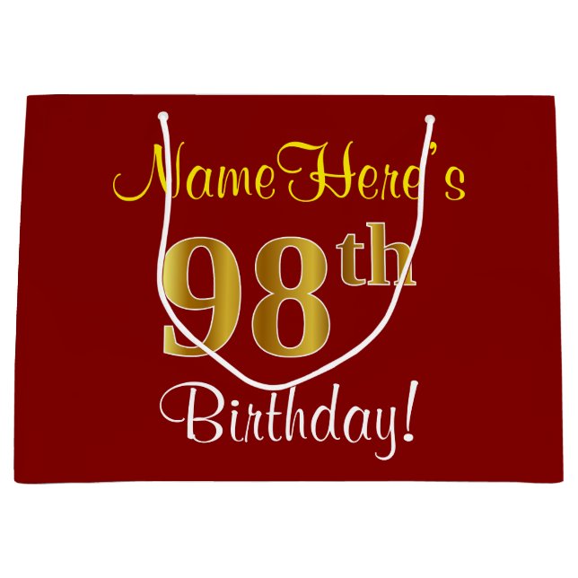 Elegant, Red, Faux Gold 98th Birthday; Custom Name Large Gift Bag (Front)