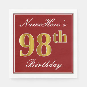 Elegant Red, Faux Gold 98th Birthday + Custom Name Napkin