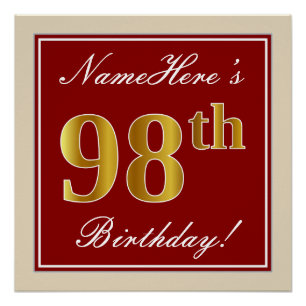 Elegant, Red, Faux Gold 98th Birthday; Custom Name Poster