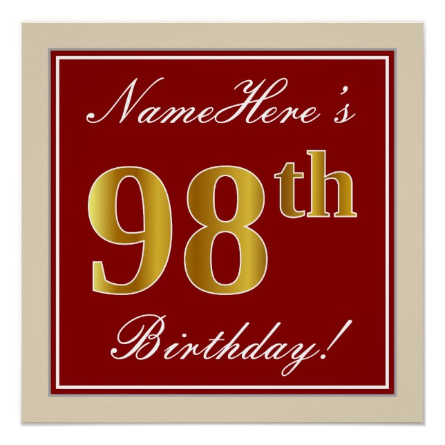 Elegant, Red, Faux Gold 98th Birthday; Custom Name Poster (Front)