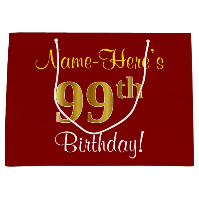 Elegant, Red, Faux Gold 99th Birthday; Custom Name Large Gift Bag (Front)