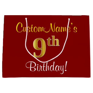 Elegant, Red, Faux Gold 9th Birthday + Custom Name Large Gift Bag