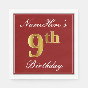 Elegant Red, Faux Gold 9th Birthday + Custom Name Napkin