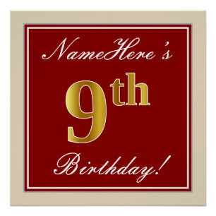 Elegant, Red, Faux Gold 9th Birthday + Custom Name Poster
