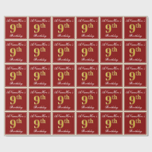 Elegant, Red, Faux Gold 9th Birthday + Custom Name Wrapping Paper