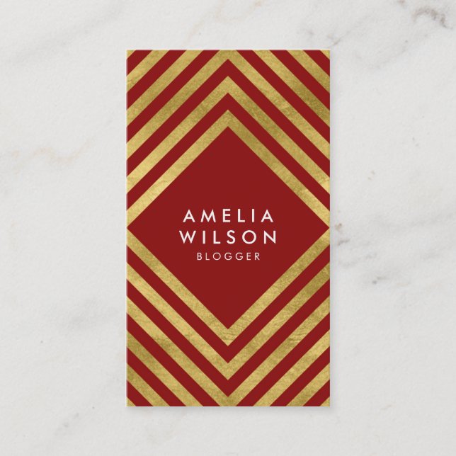 Elegant Red Faux Gold Blogger Social Media Business Card (Front)