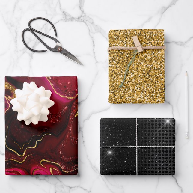 Elegant red faux gold glitter marble art  wrapping paper sheet (Front)