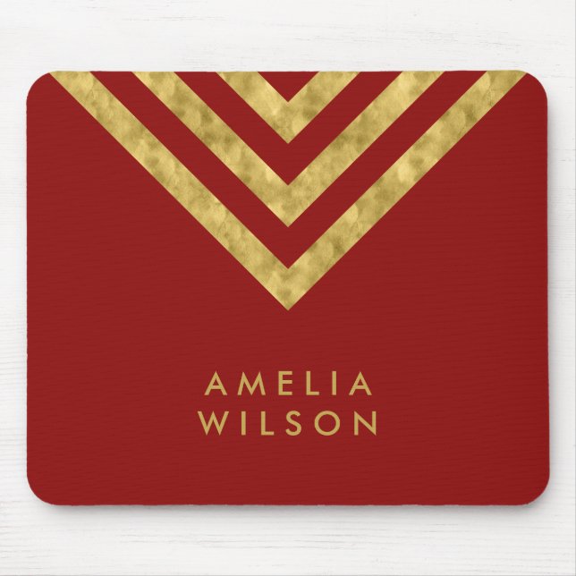 Elegant Red Faux Gold Name Chevron Geometric Mouse Mat (Front)