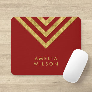 Elegant Red Faux Gold Name Chevron Geometric Mouse Mat
