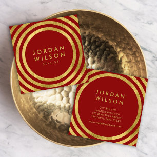 Elegant Red Faux Gold Round Lines Geometric Square Business Card