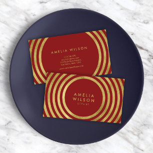 Elegant Red Faux Gold Round Lines Stylist Business Card