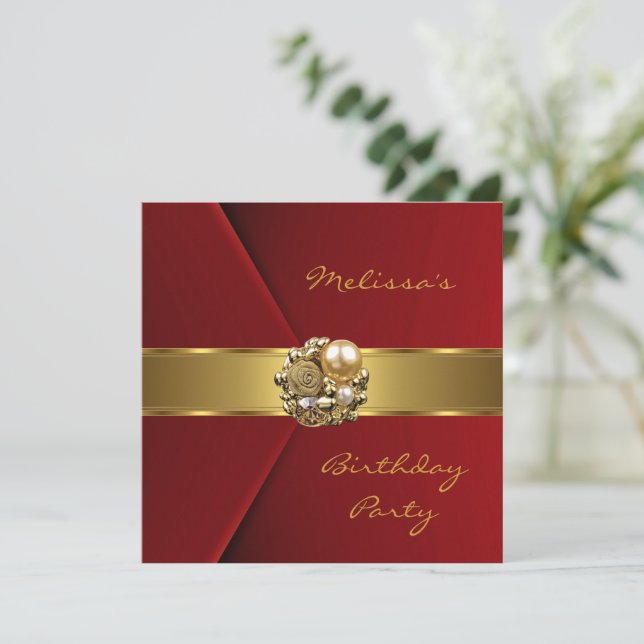 Elegant Red Faux Velvet gold jewel Invitation (Standing Front)