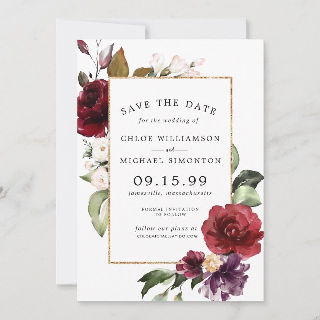 Elegant Red Floral and Gold Save The Date (Front)
