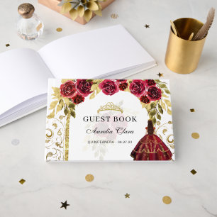 Elegant Red Floral Arch Quinceañera Guest Book