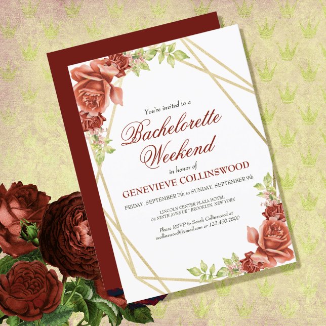 Elegant Red Floral Bachelorette Weekend Itinerary Invitation (CLASSIC ELEGANT RED ROSE FLORAL BACHELORETTE WEEKEND PARTY INVITATION
)
