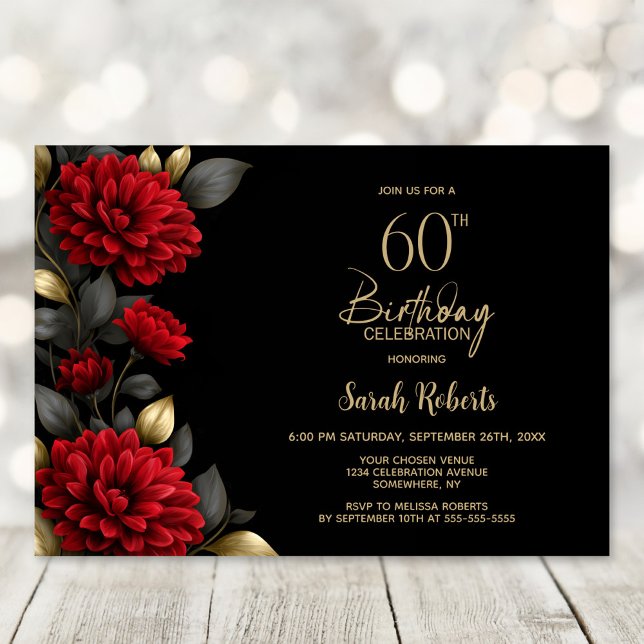 Elegant Red Floral Black 60th Birthday Party Invitation (Creator Uploaded)