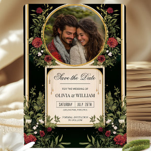 Elegant Red Floral Black and Gold Save the Date In Invitation