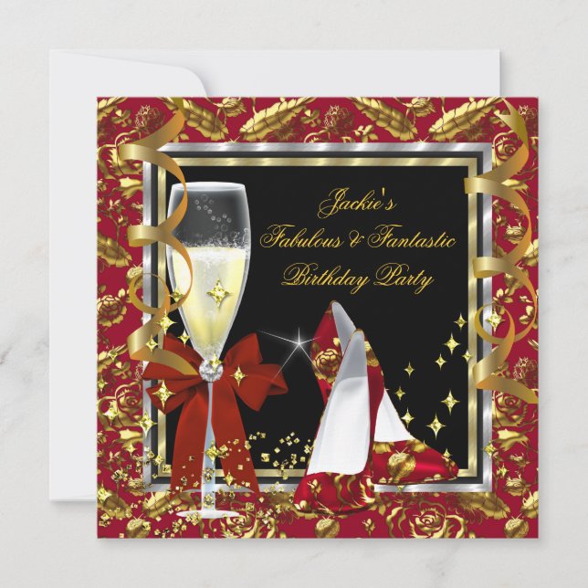 Elegant RED Floral Black Gold Birthday Party Invitation (Front)