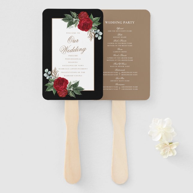 Elegant Red Floral Black & Gold Wedding Program Hand Fan (Front and Back)