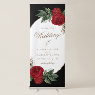 Elegant Red Floral Black & Gold Wedding Retractable Banner