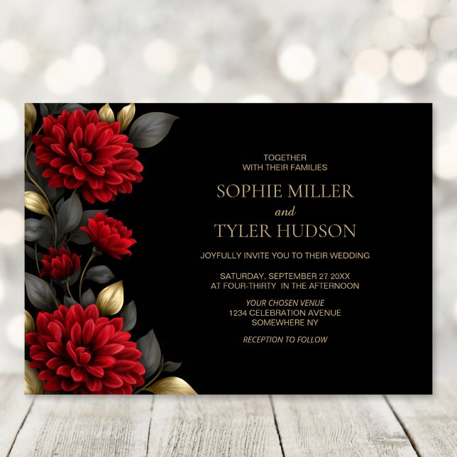 Elegant Red Floral Black Wedding  Invitation (Creator Uploaded)