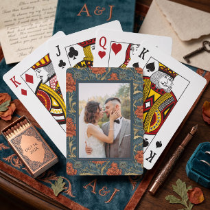 Elegant Red Floral Blue William Morris Photo Playing Cards