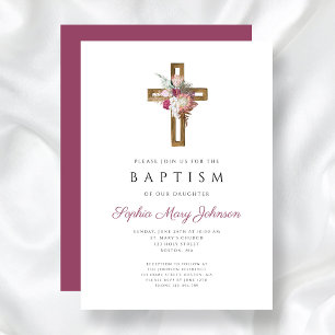 Elegant Red Floral Boho Cross Baptism Invitation
