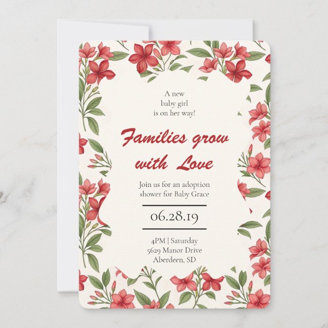 Elegant Red Floral Botanical Adoption Shower  Invitation (Front)