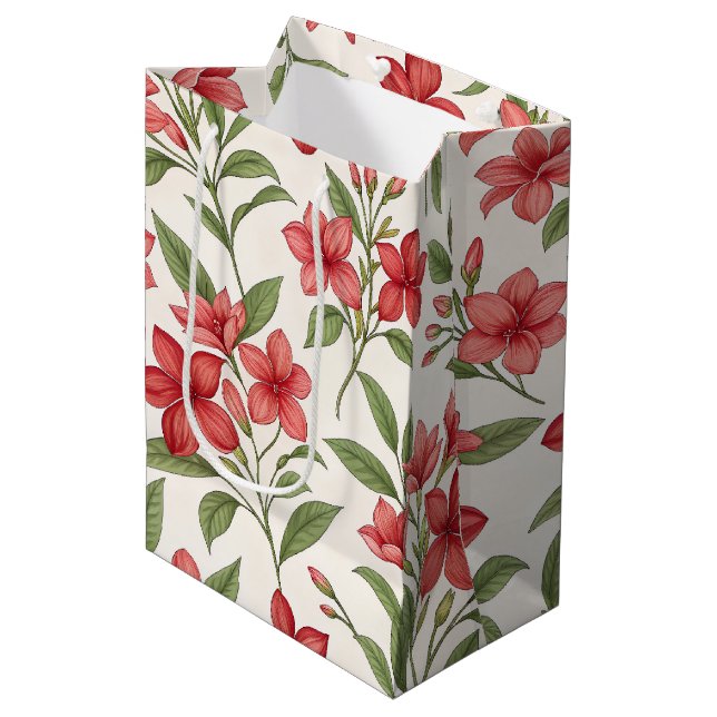 Elegant Red Floral Botanical Blooms Medium Gift Bag (Front Angled)