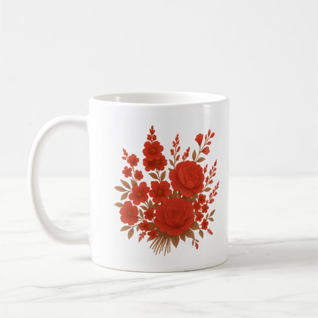 Elegant Red Floral Bouquet with Roses Romantic Coffee Mug (Left)