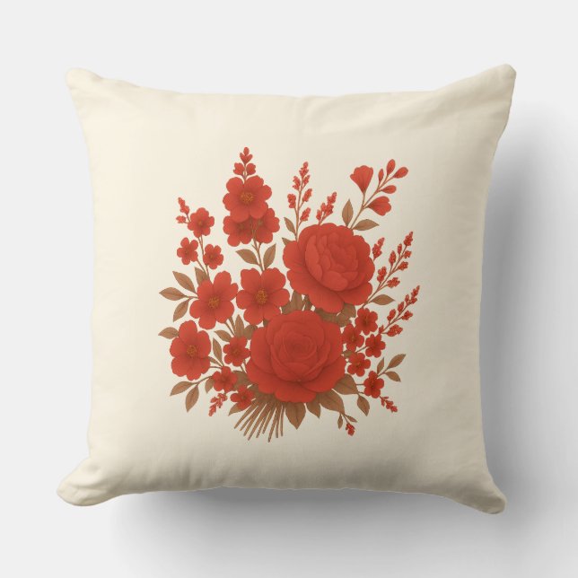 Elegant Red Floral Bouquet with Roses Romantic Cushion (Front)