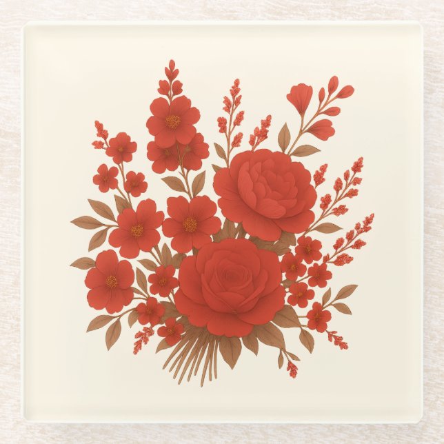 Elegant Red Floral Bouquet with Roses Romantic Glass Coaster (Front)