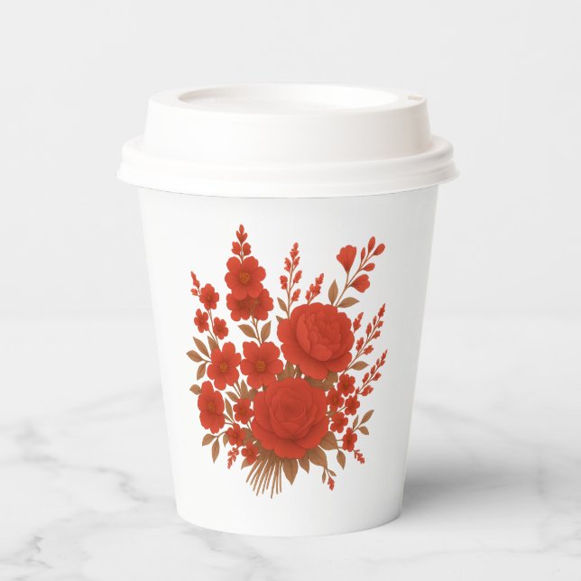 Elegant Red Floral Bouquet with Roses Romantic Paper Cups (Front)