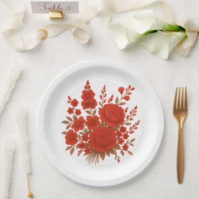 Elegant Red Floral Bouquet with Roses Romantic  Paper Plate (Wedding)