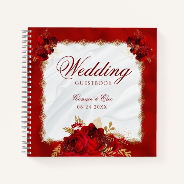 Elegant Red Floral Budget Wedding Guest Book (Front)