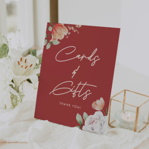 Elegant Red Floral "Cards & Gifts" Bridal Shower Pedestal Sign