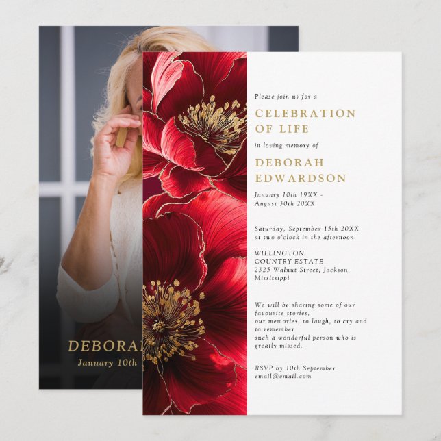 Elegant Red Floral Celebration Of Life Photo Invitation (Front/Back)