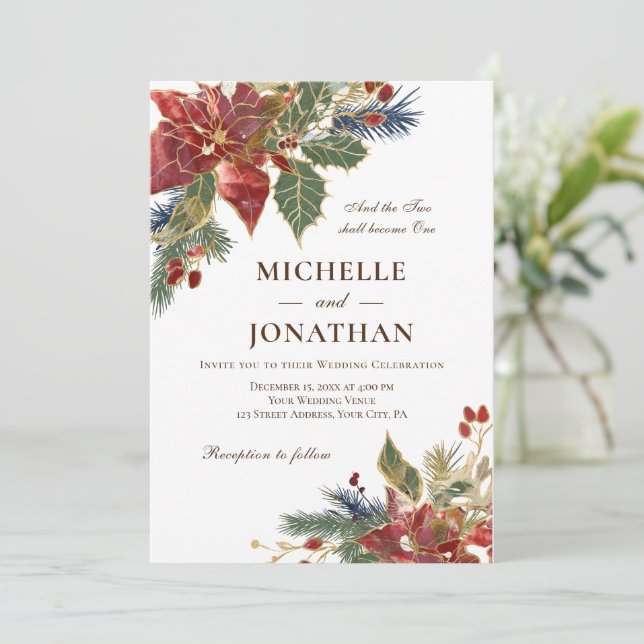 Elegant Red Floral Christmas Christian Wedding Invitation (Standing Front)