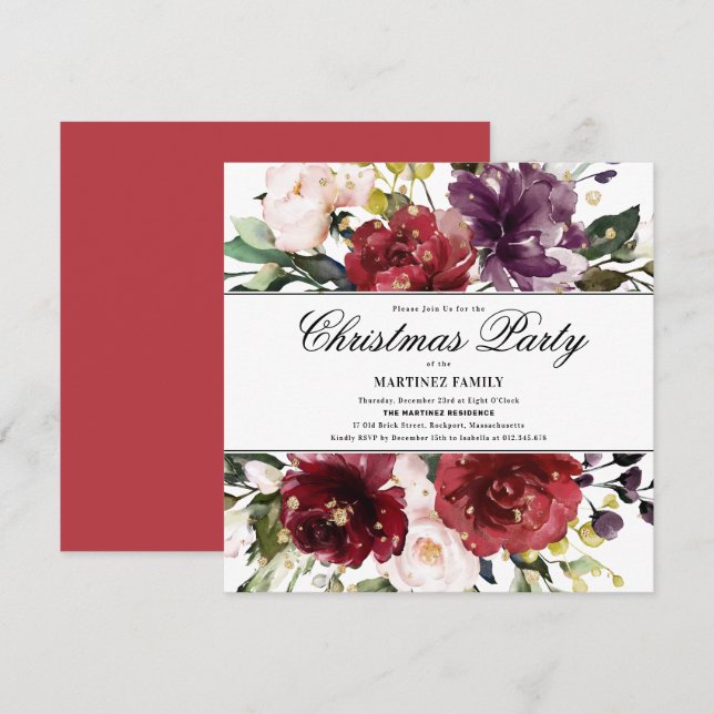 Elegant Red Floral Christmas Party Invitation (Front/Back)
