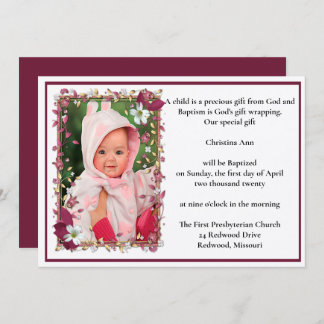 Elegant Red Floral Design Baptism Invitation