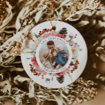 Elegant Red Floral Family Photo Christmas Ceramic Tree Decoration<br><div class="desc">Elegant Red Floral Family Christmas Ornaments. Great as a gift for the family. Click personalise to edit and add your photo. Cava Party Design</div>
