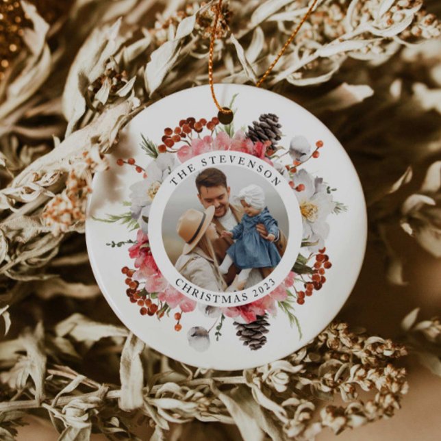 Elegant Red Floral Family Photo Christmas Ceramic Tree Decoration (Creator Uploaded)