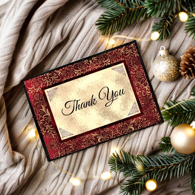 Elegant red floral faux gold thank you card (Creator Uploaded)