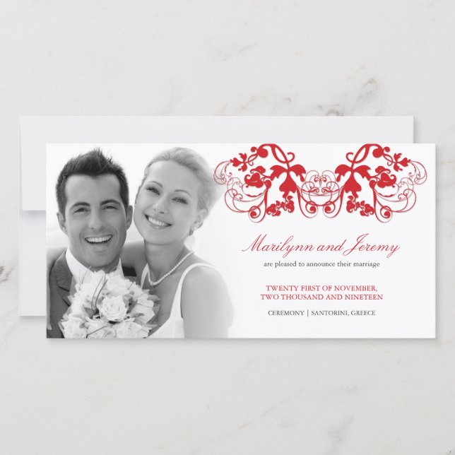 Elegant Red Floral Flourish Wedding Announcement (Front)