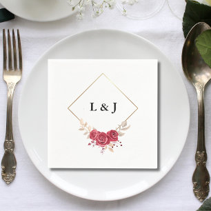 Elegant Red Floral Gold Frame Initials Wedding Napkin
