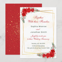 elegant red floral gold frame wedding invitation