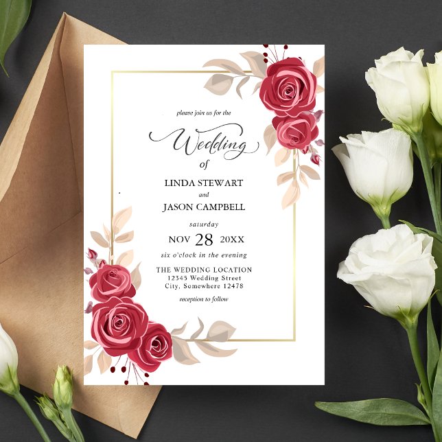 Elegant Red Floral Gold Frame Wedding Invitation (Creator Uploaded)
